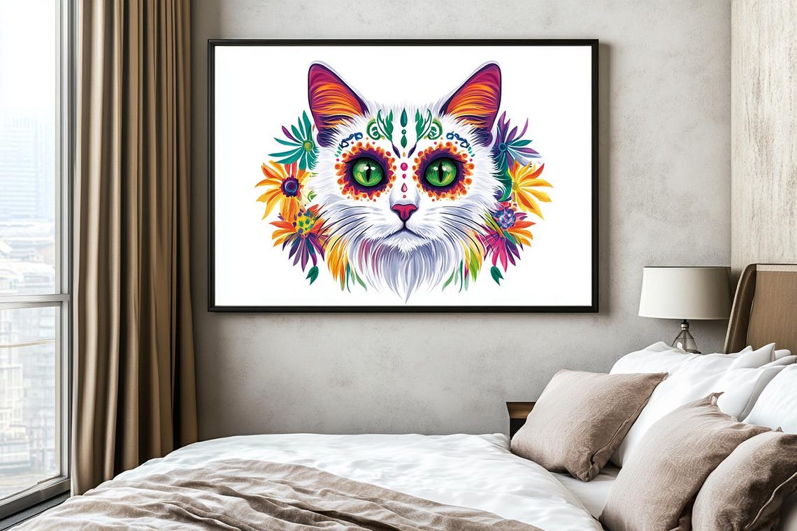 Day Of The Dead Cat With Colorful Floral Wreath Portrait Poster