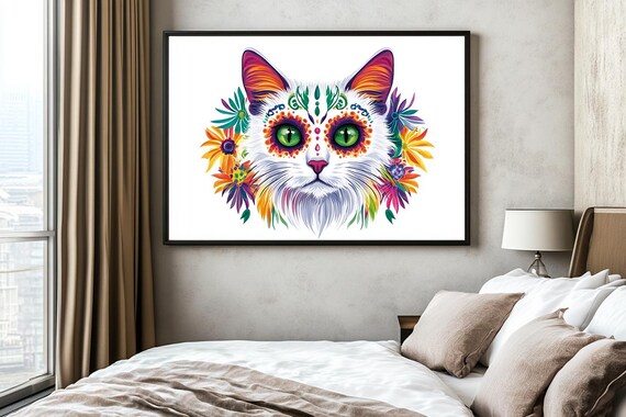 Day Of The Dead Cat With Colorful Floral Wreath Portrait Poster