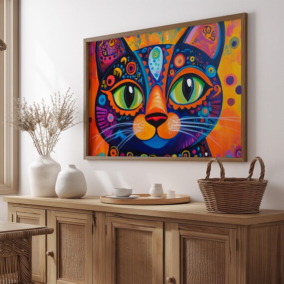 Black Cat Close Up Huge Green Eyes Psychedelic Dot Pattern Art Poster