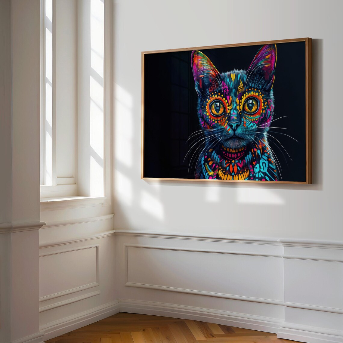 Black Cat Day of the Dead Sugar Skull Face Paint Neon Colorful Art Poster - Image 3