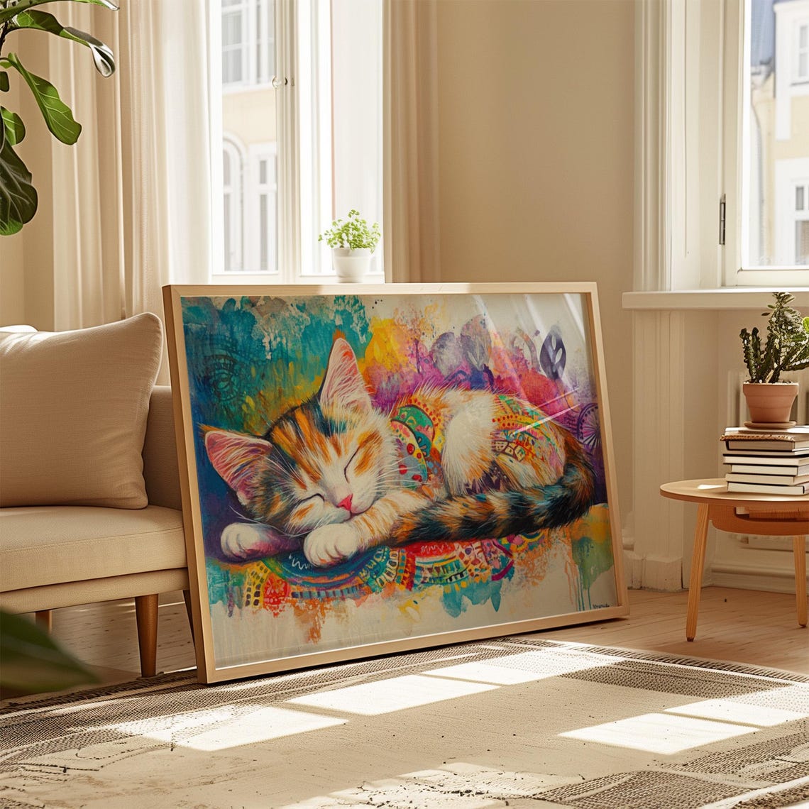 Sleeping Calico Kitten Colorful Mandala Rug Watercolor Cozy Cat Poster - Image 4