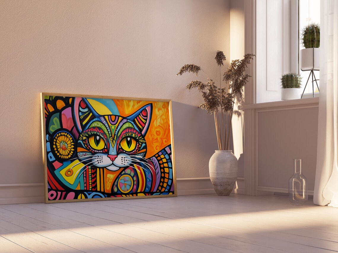Stained Glass Mosaic Style Cat Face Geometric Sunset Art Colorful Poster - Image 2