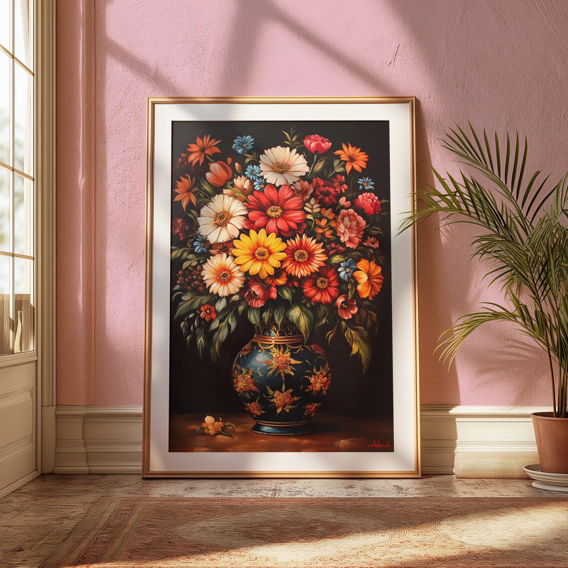 Classic Garden Bouquet Red White Daisies Dark Blue Floral Vase Poster - Image 2