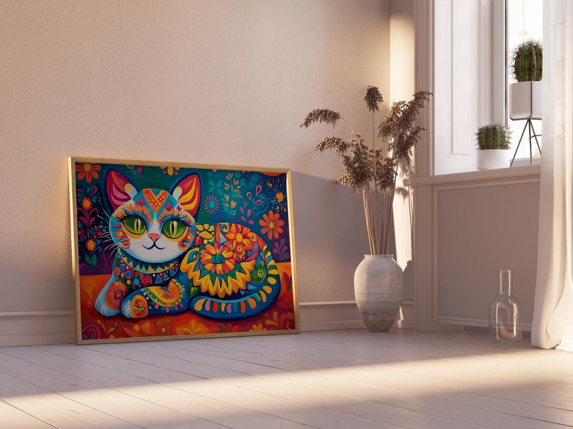 Reclining Floral Patterned Cat Green Eyes Navy Blue Colorful Poster - Image 2