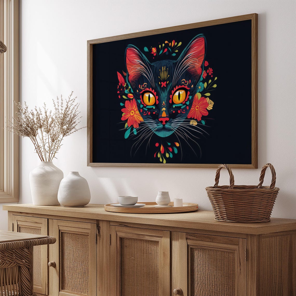 Symmetrical Black Cat Face Red Teal Floral Day of Dead Style Wall Art