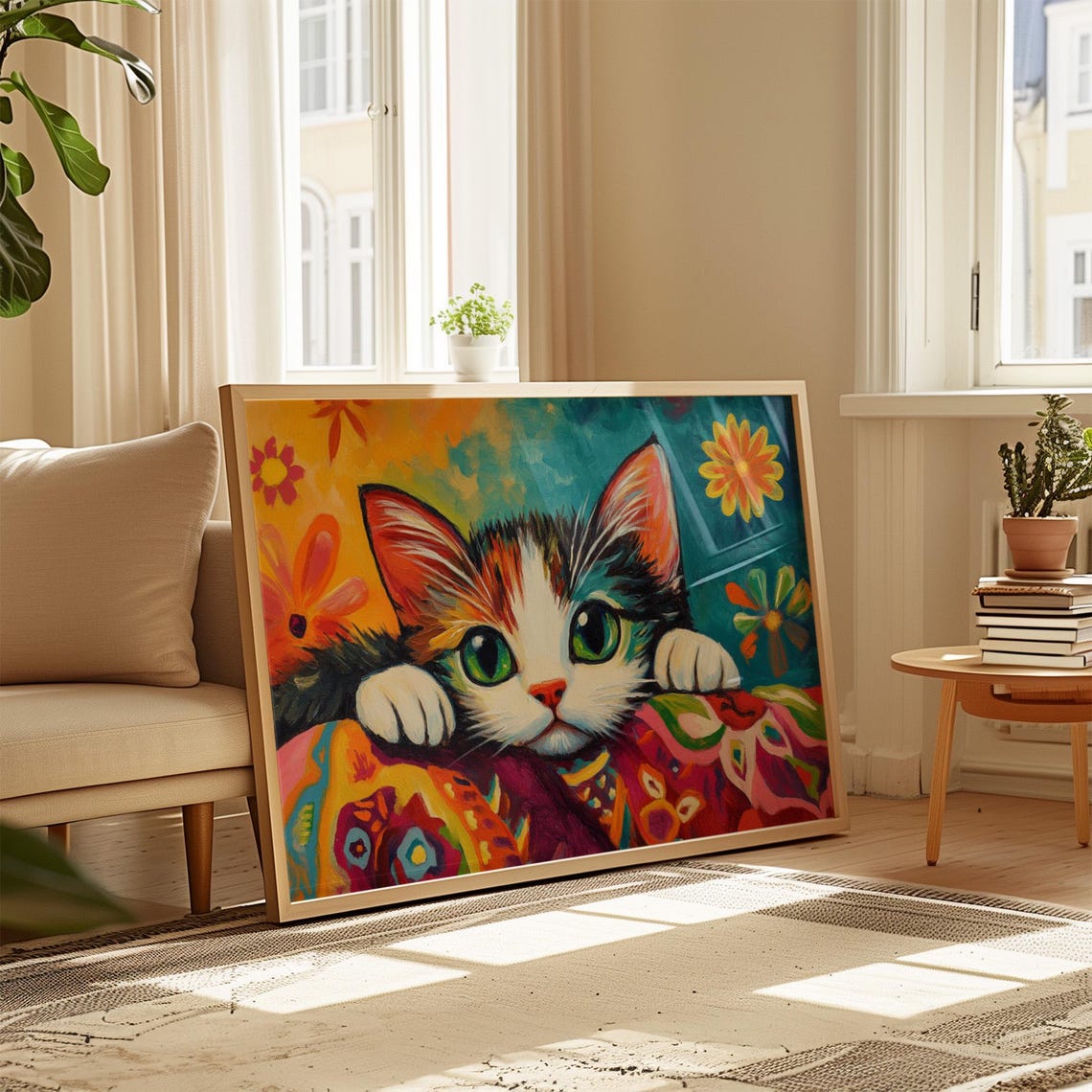 Calico Kitten Peeking Over Patterned Blanket Sweet Green Eyes Poster - Image 4