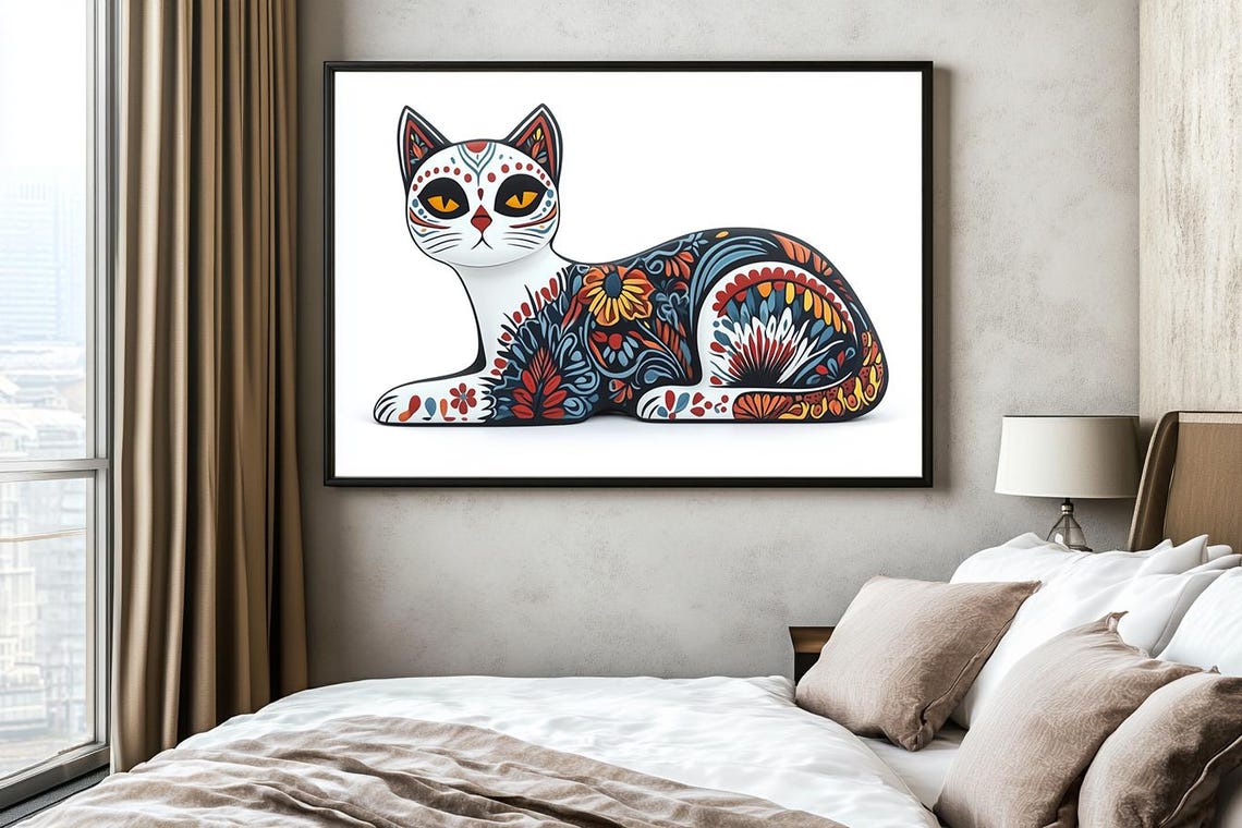 Lounging Folk Art Cat With Sugar Skull Floral Patterns Poster - Image 2