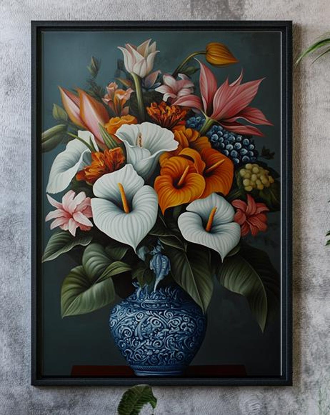 White and Orange Calla Lilies in Blue Vase Elegant Floral Print