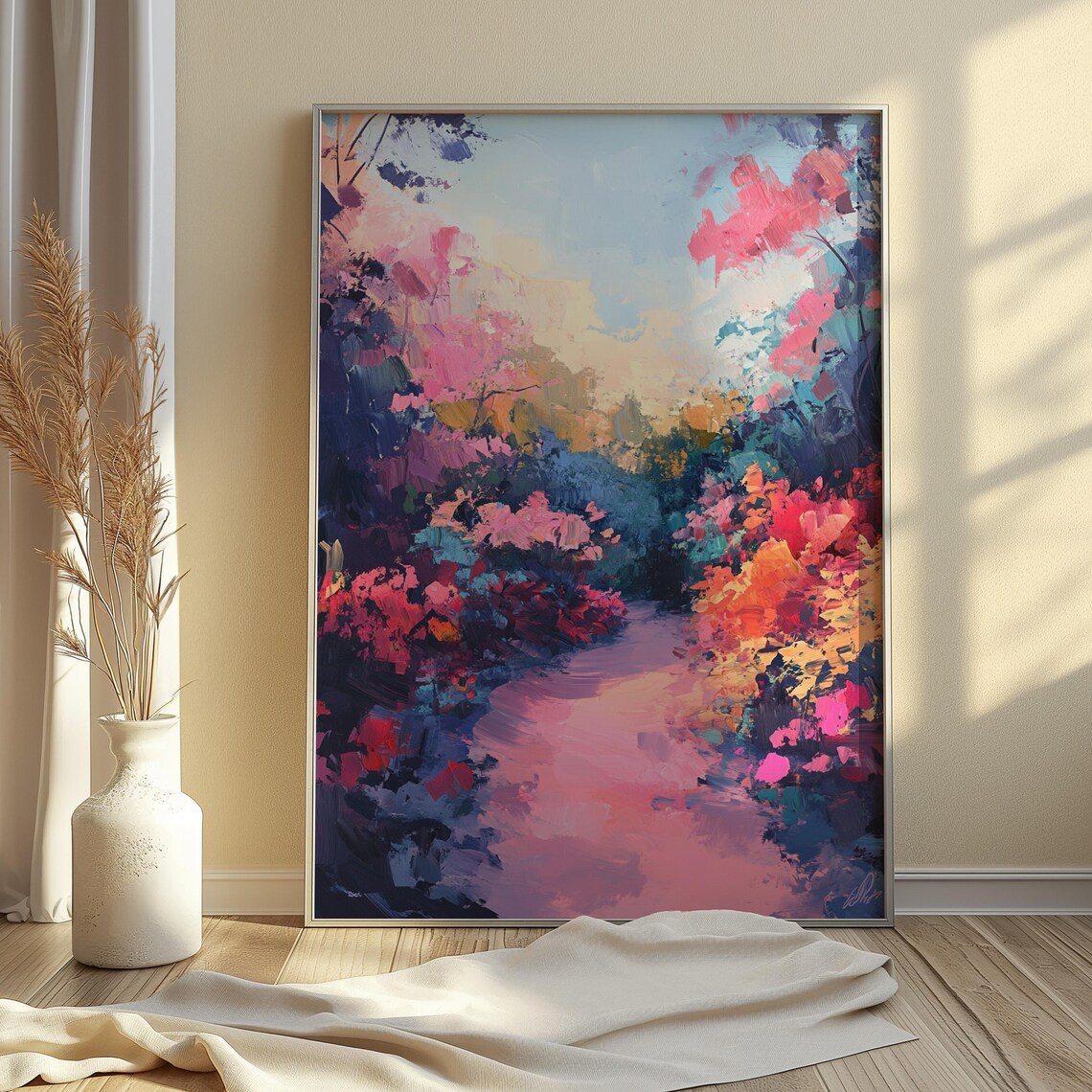Dreamy Pink Blossom Garden Path Watercolor Impressionist Wall Art Poster - Image 3