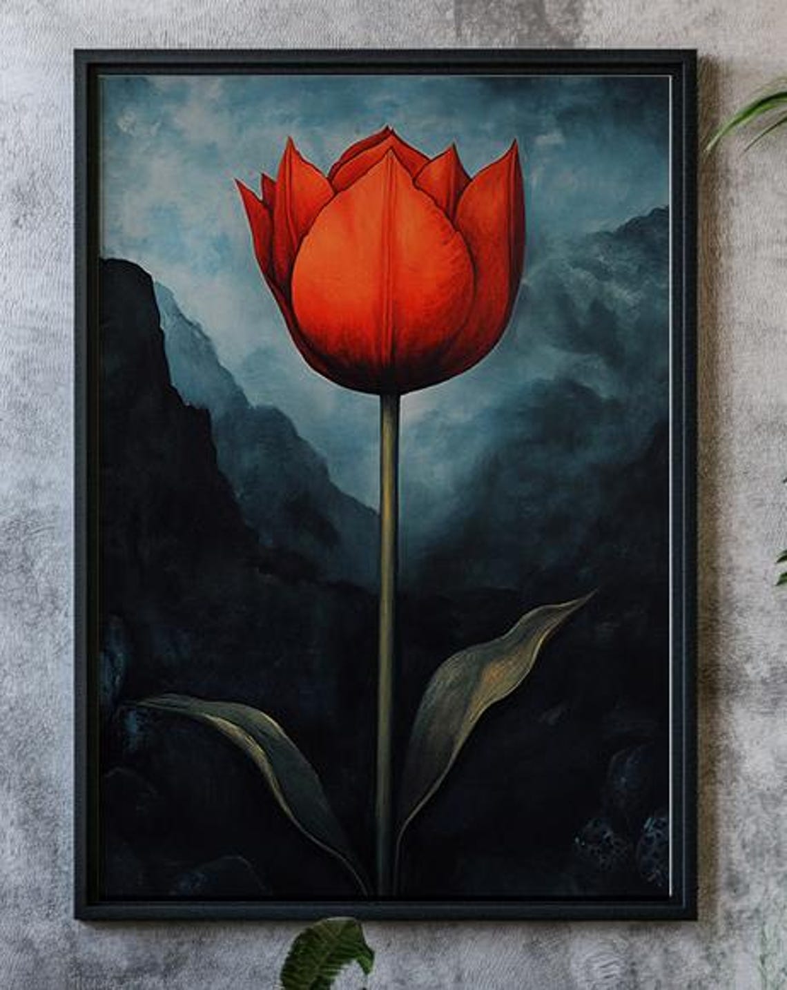 Giant Red Tulip Bloom Moody Dark Mountain Landscape Art Poster