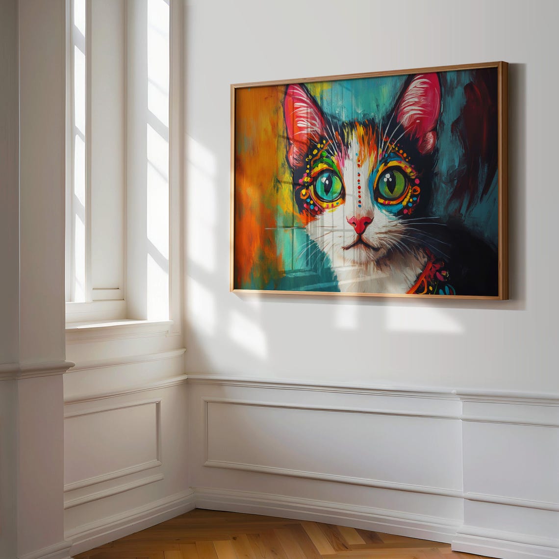 Mexican Folk Art Cat Big Green Eyes Dotted Decorative Face Poster - Image 3
