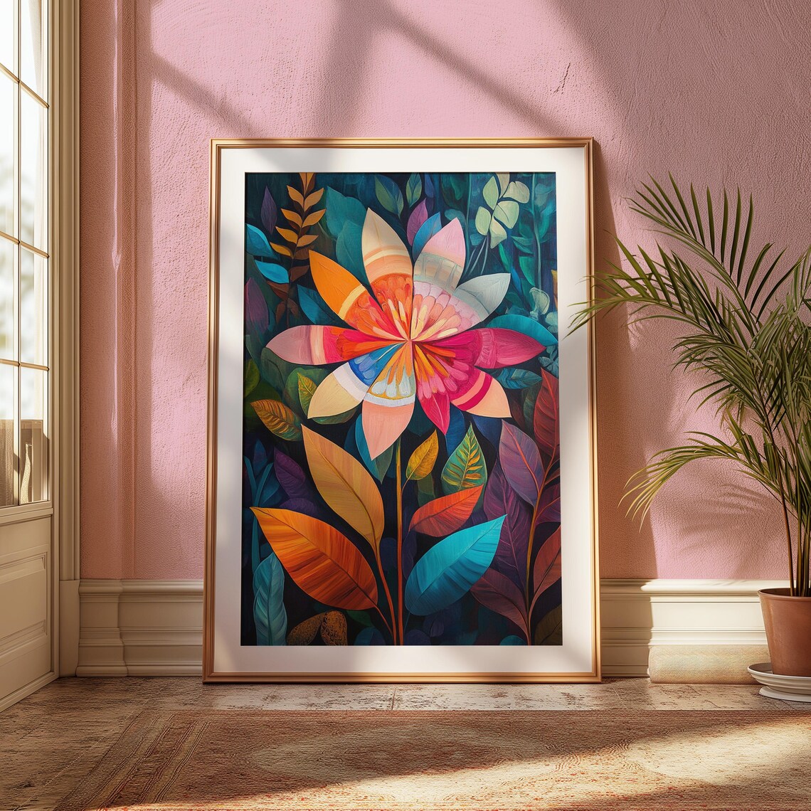 Banded Dahlia Bloom Dark Jungle Foliage Stained Glass Floral Poster - Image 2