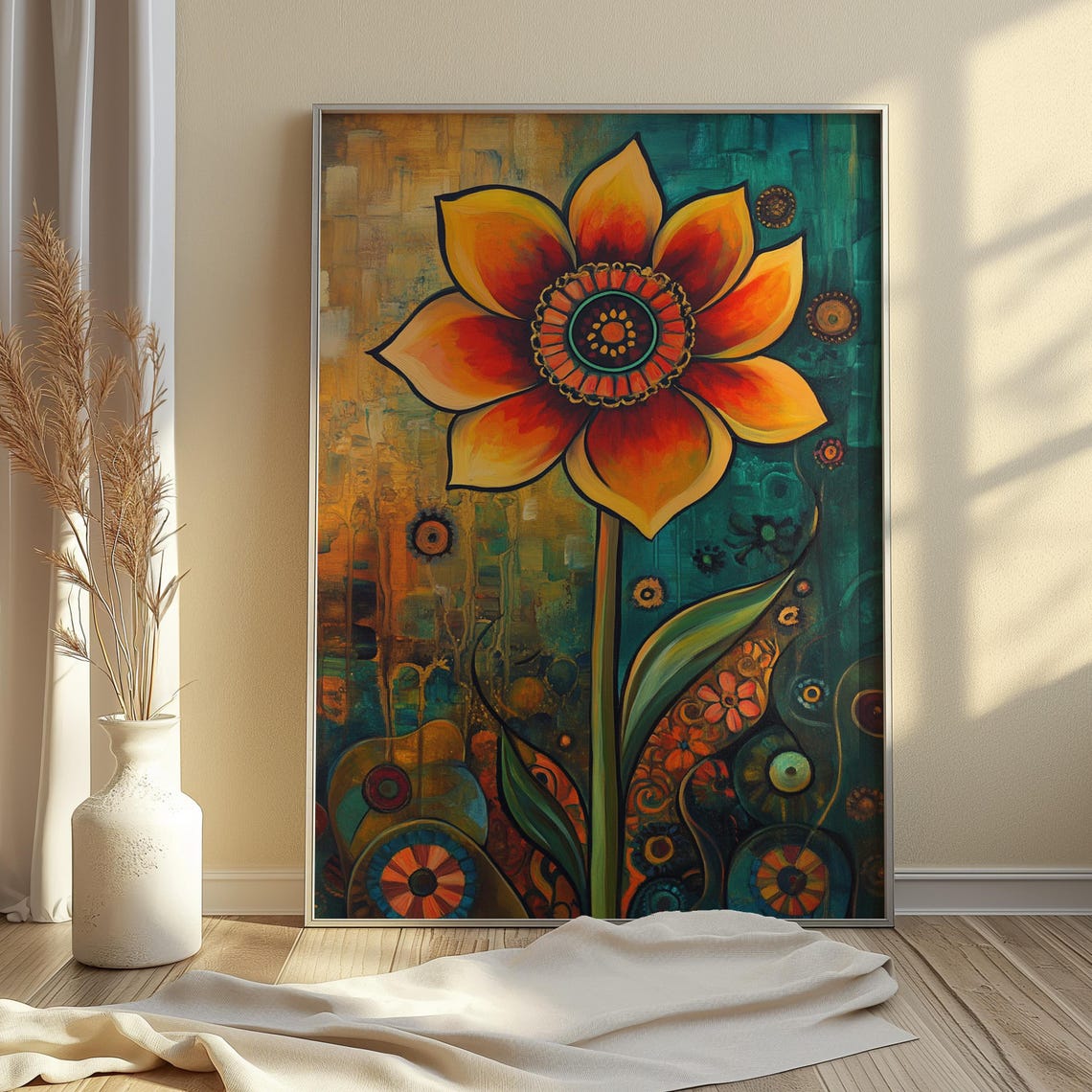 Orange Folk Flower Beaded Center Gold Teal Floral Art Poster - Image 4