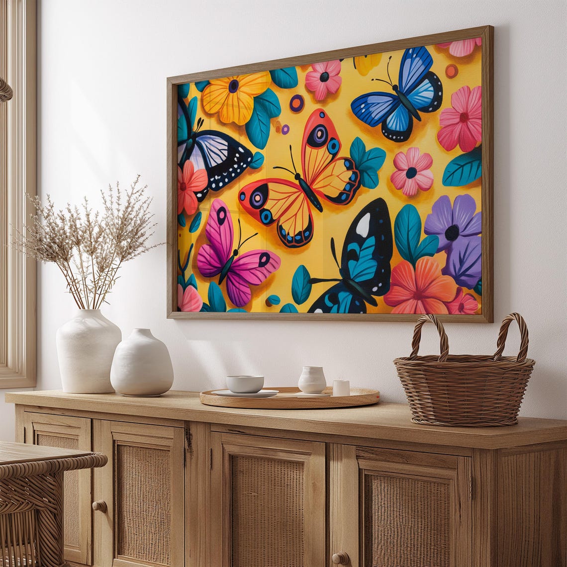 Six Butterflies And Blossoms Cheerful Sunny Yellow Folk Art Poster