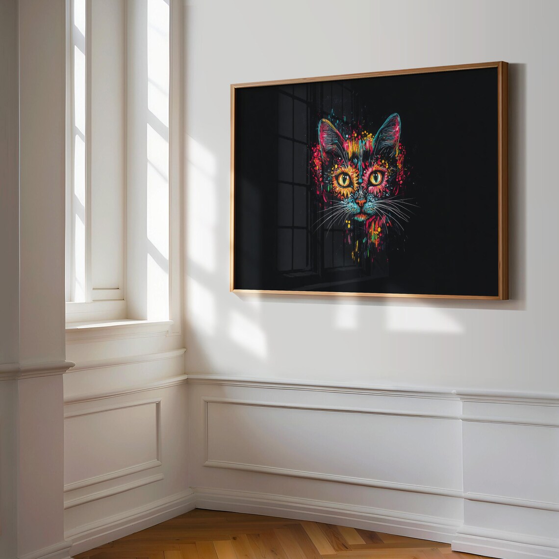 Small Neon Splatter Floral Cat Face Yellow Eyes Black Background Poster - Image 3