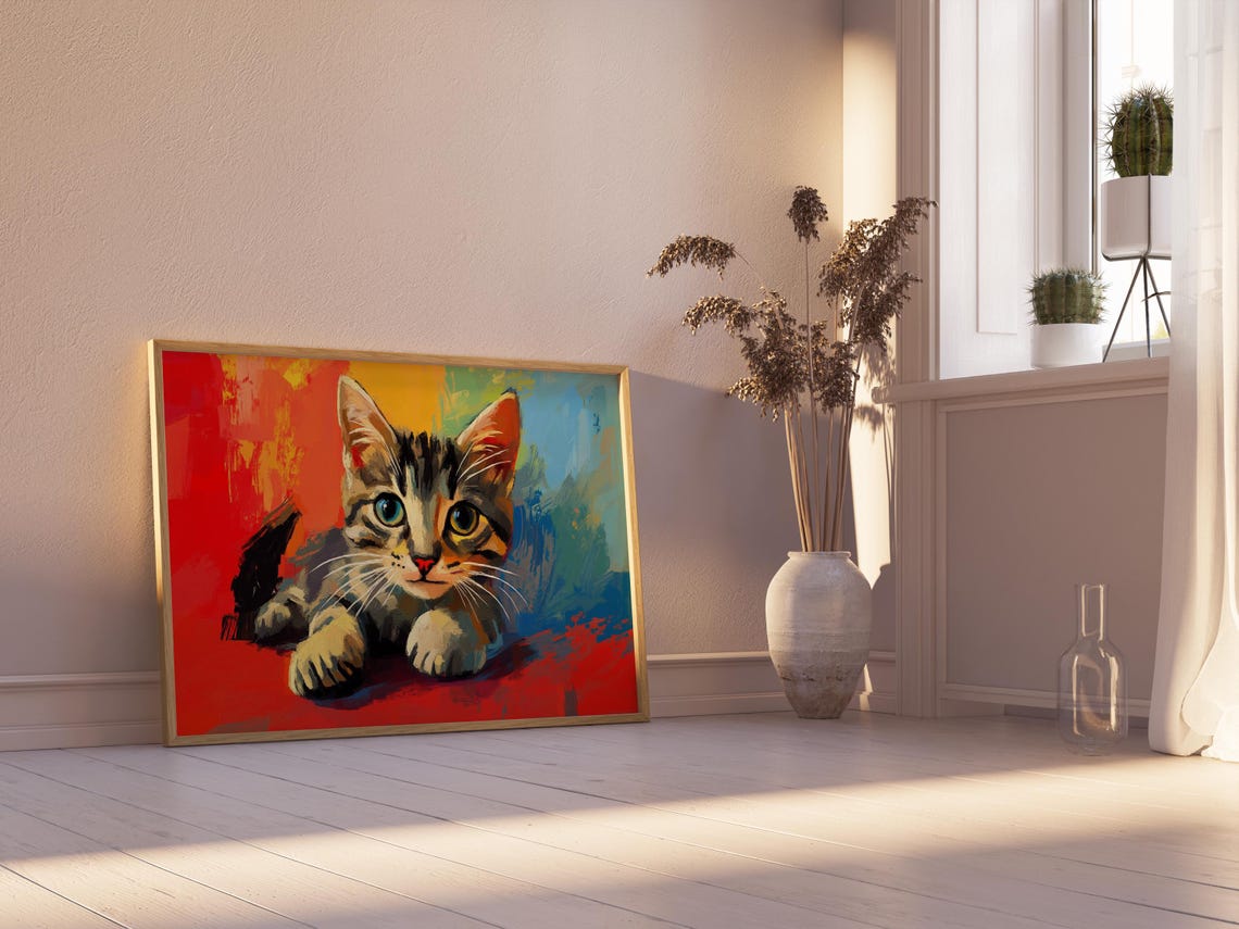 Sweet Tabby Kitten Lying Down Painted Red Blue Abstract Poster - Image 2