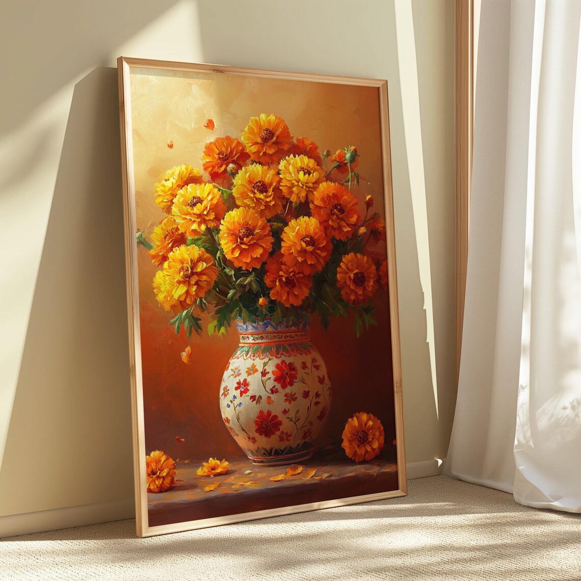 Golden Marigold Bouquet White Floral Vase Amber Warm Autumn Poster - Image 5