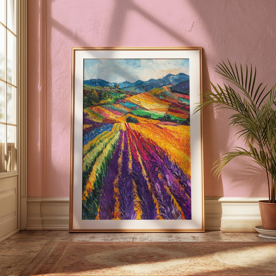 Vibrant Purple Flower Field Rows Colorful Mountain Landscape Print - Image 2