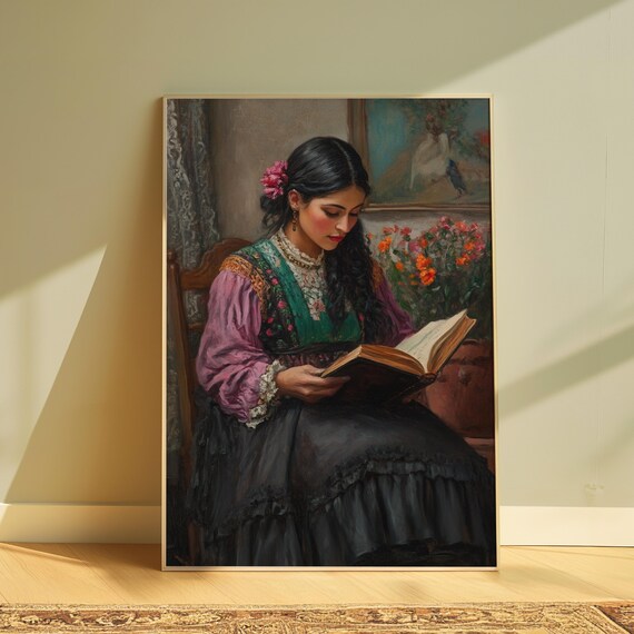Traditional Mexican Dress Woman Reading Book Pink Flower Interior Poster