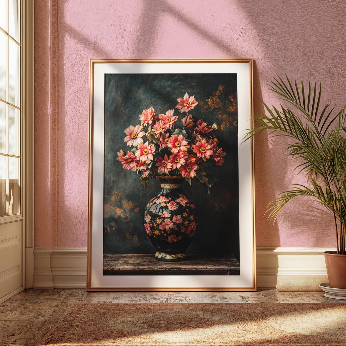 Delicate Pink Cosmos Bouquet Black Floral Vase Moody Elegant Wall Art - Image 2
