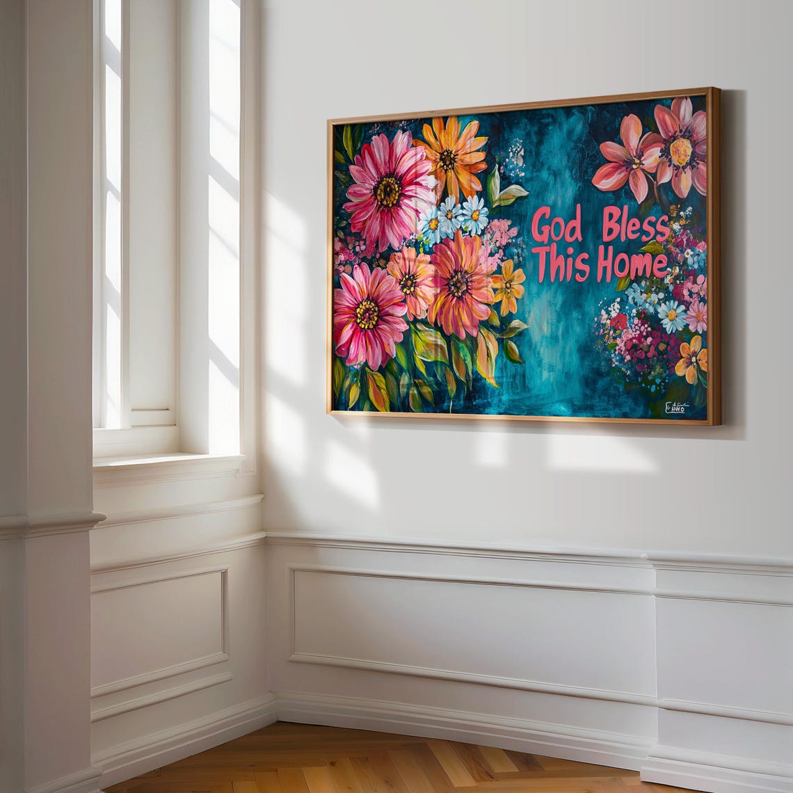 God Bless This Home Pink Daisy Teal Bold Script Floral Poster - Image 3
