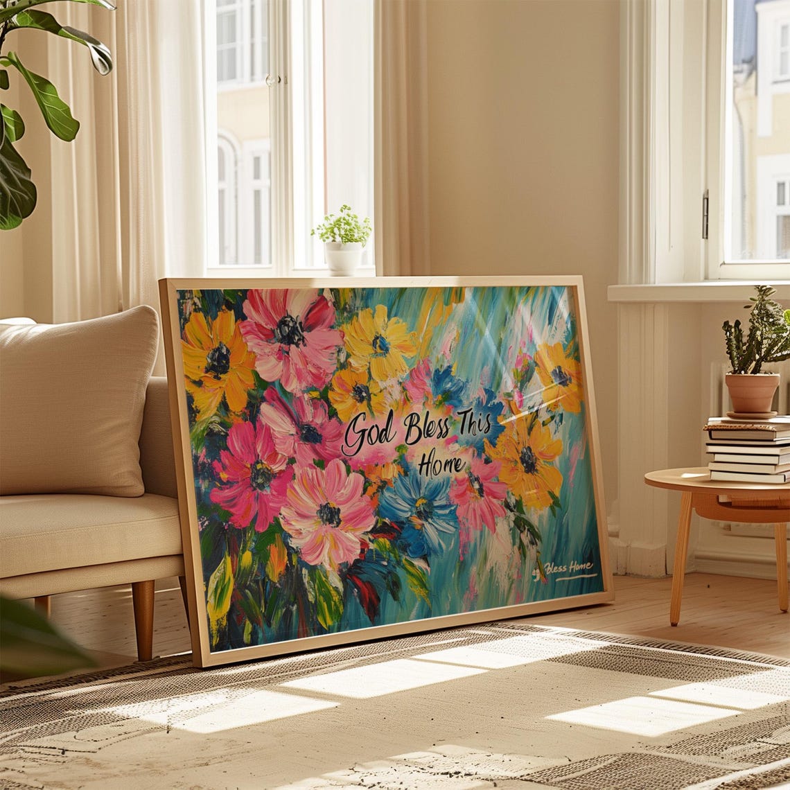 God Bless This Home Daisy Bloom Teal Brushstroke Floral Poster - Image 4