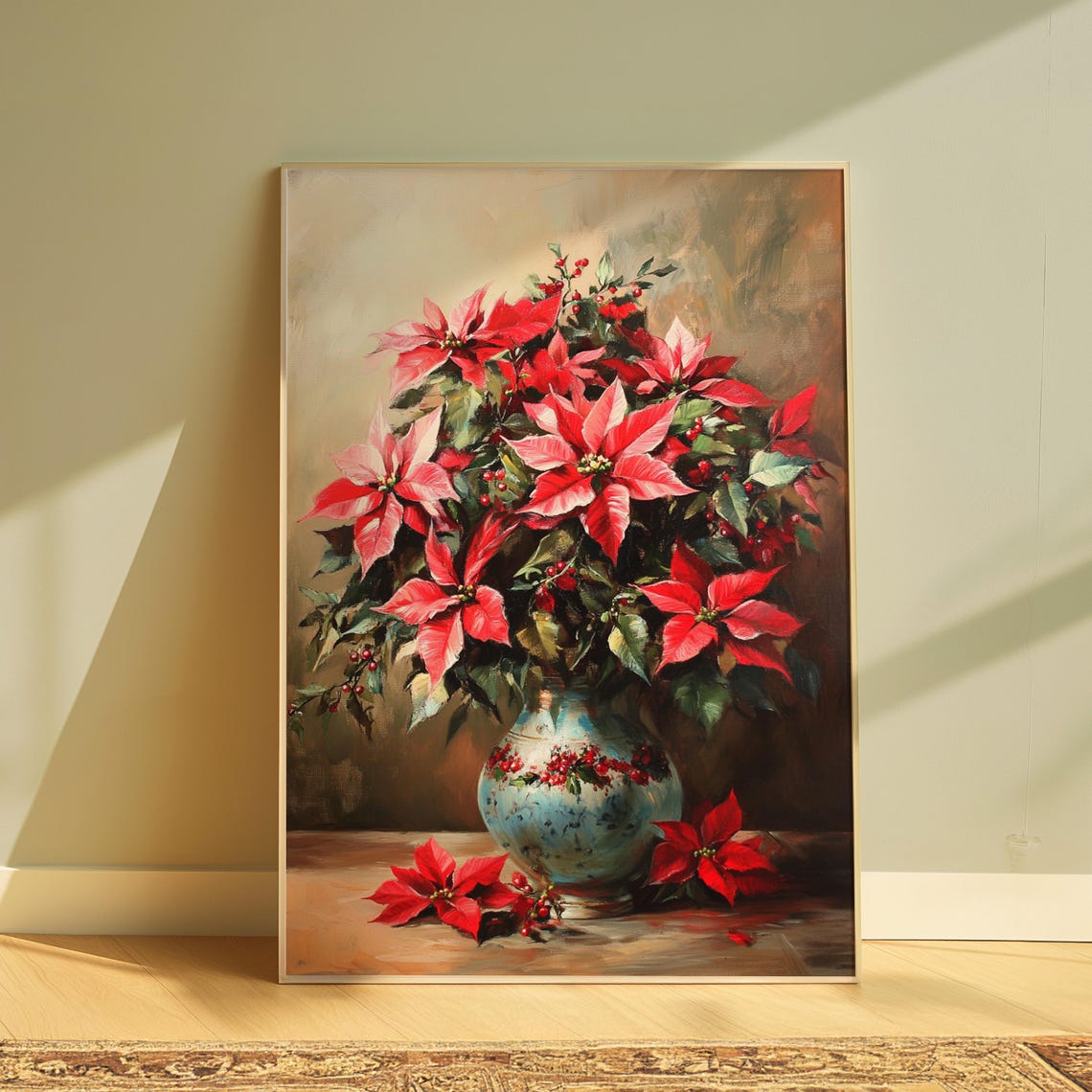 Pink Red Poinsettia Berries Blue Vase Christmas Still Life Poster