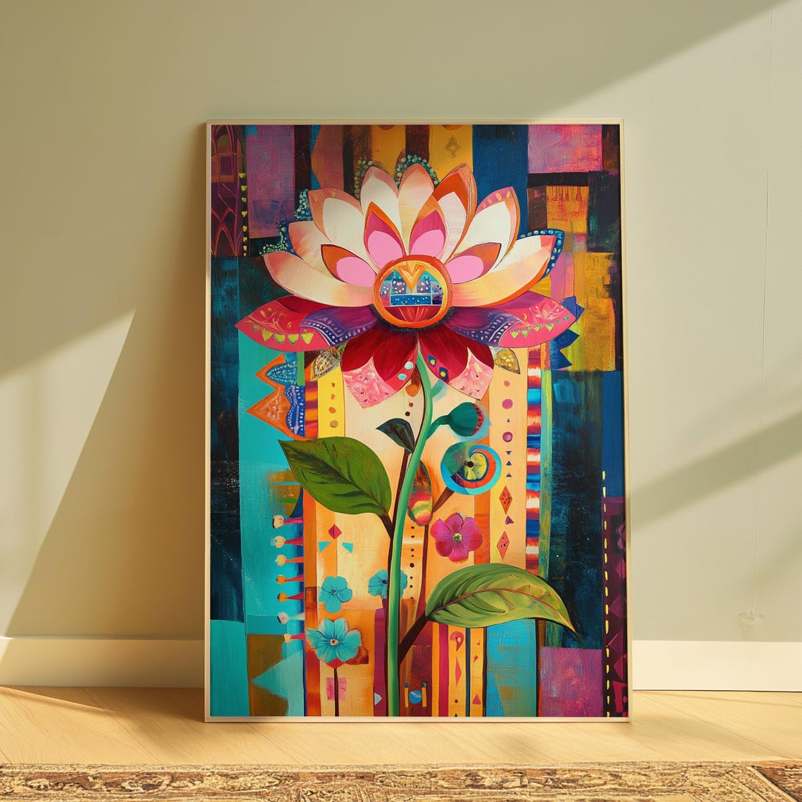 Pink Lotus Folk Art Striped Turquoise Background Botanical Poster