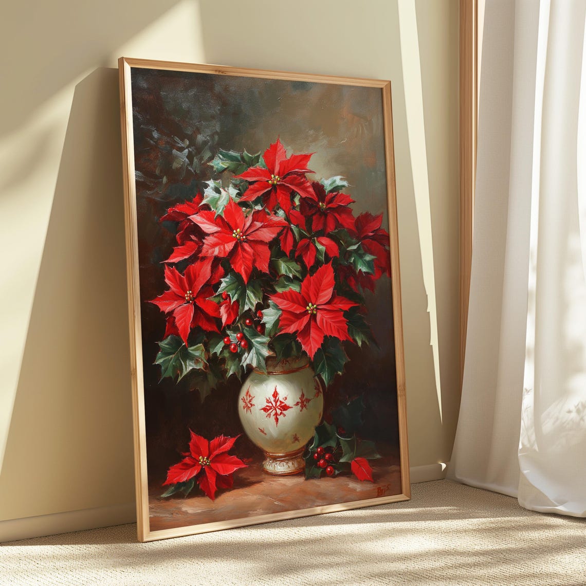 Red Poinsettia Snowflake Vase Holly Christmas Still Life Poster - Image 5