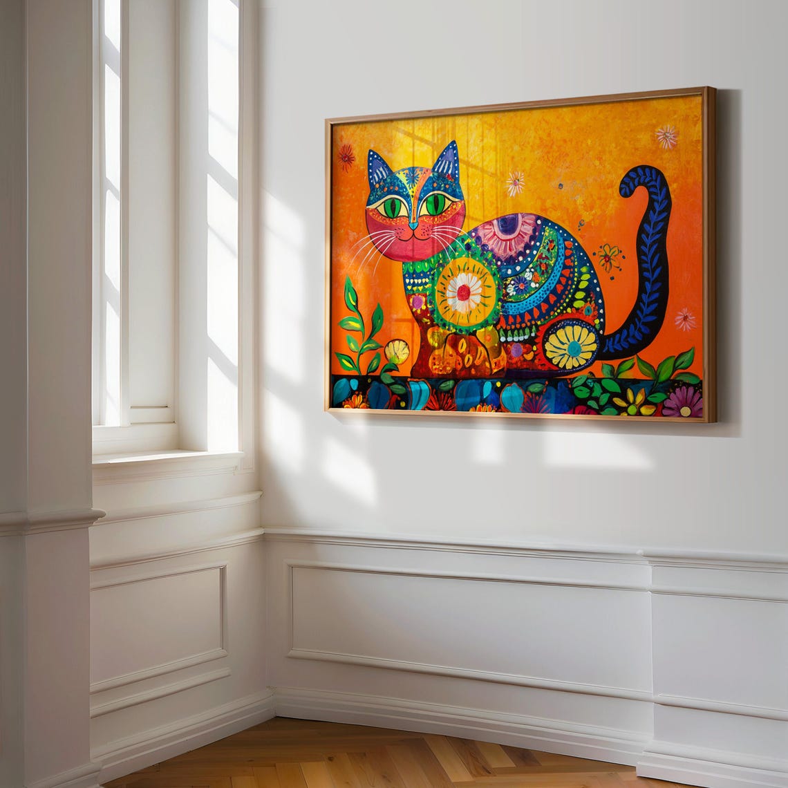 Folk Art Seated Cat Floral Medallion Patterns Golden Orange Poster - Image 3