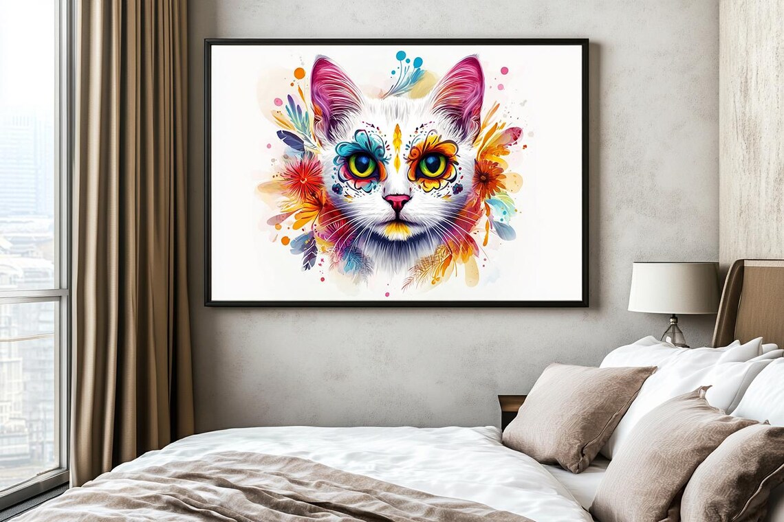 Vibrant Sugar Skull Cat Face Watercolor Splash Colorful Poster - Image 2
