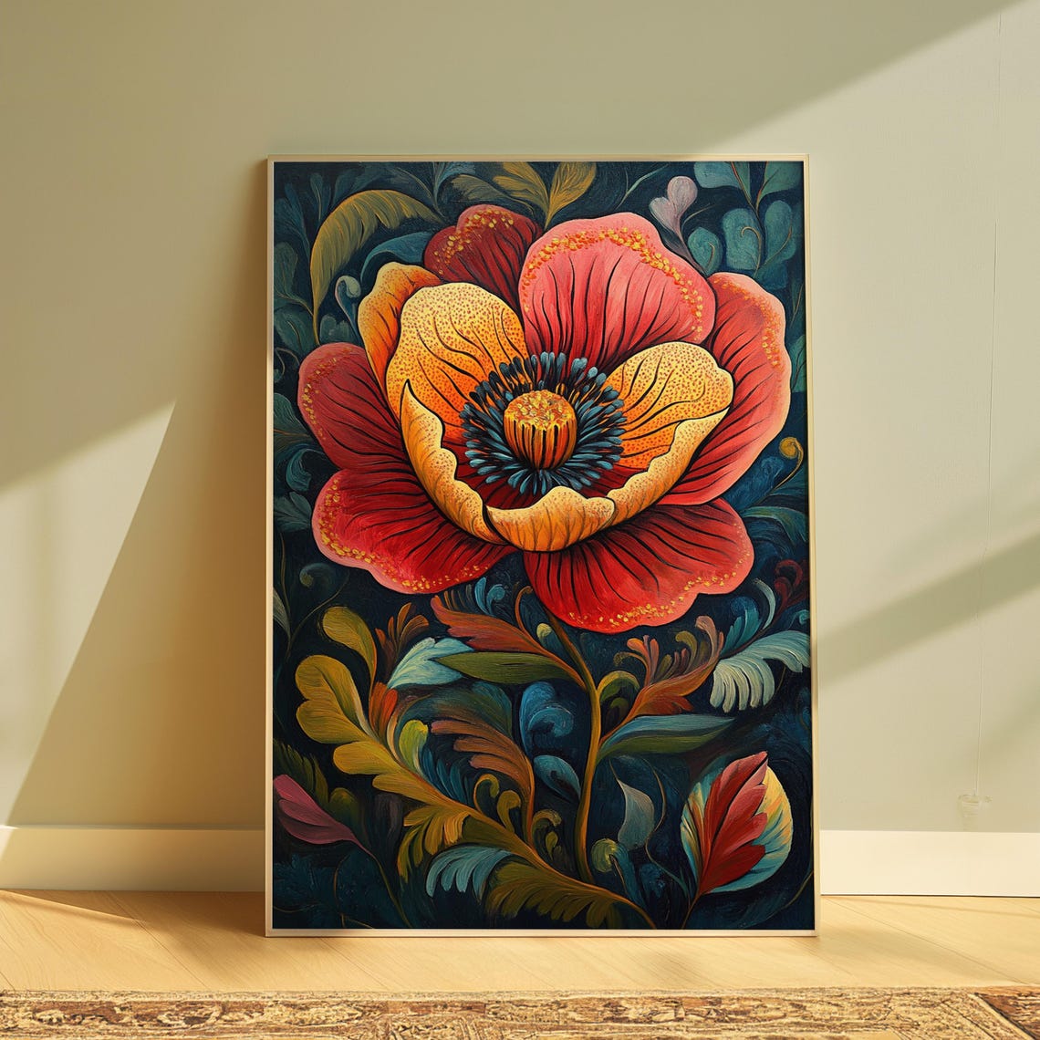 Bold Red Poppy Bloom Navy Botanical Dramatic Mexican Floral Art Poster