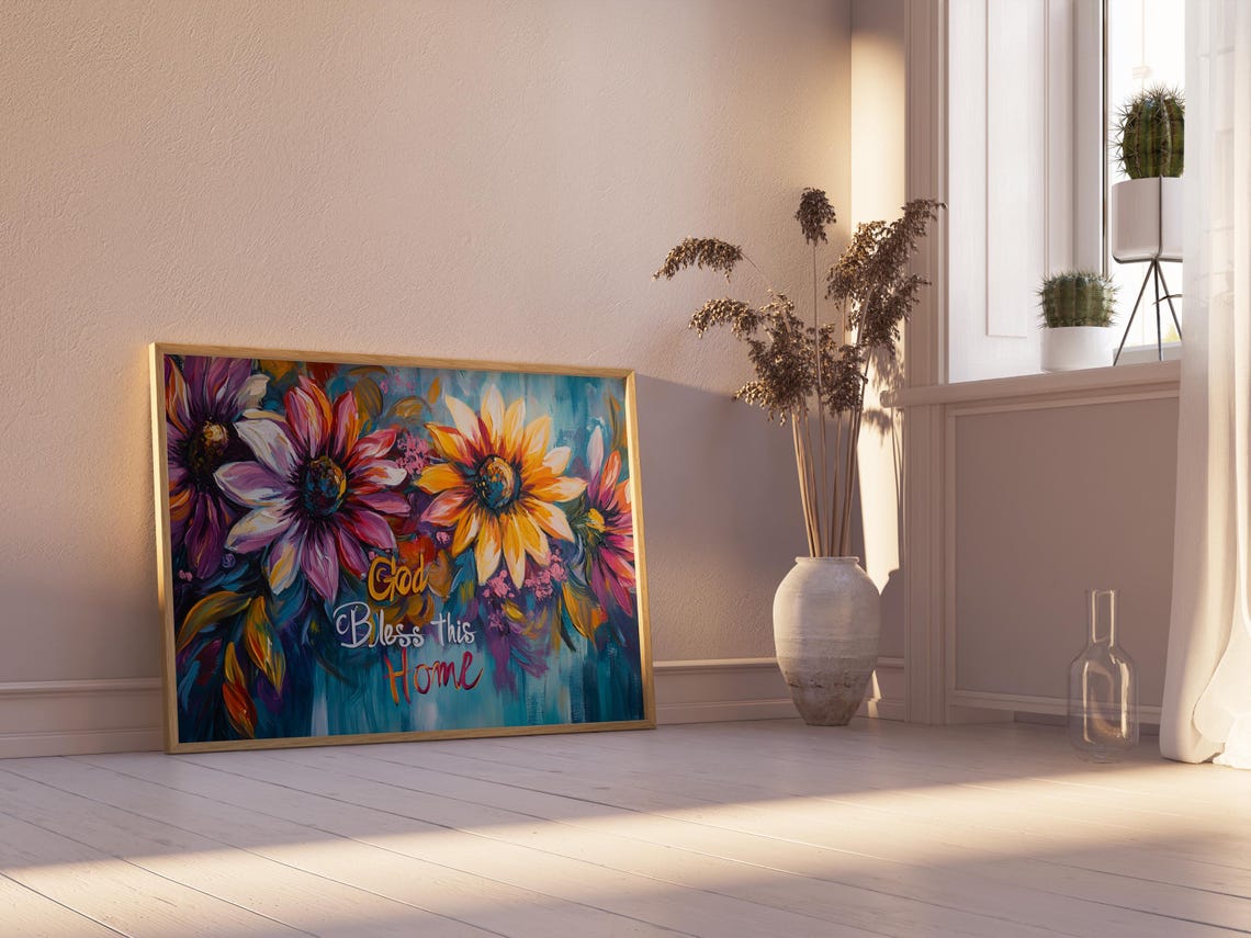 God Bless This Home Giant Daisy Gold Script Turquoise Poster - Image 2