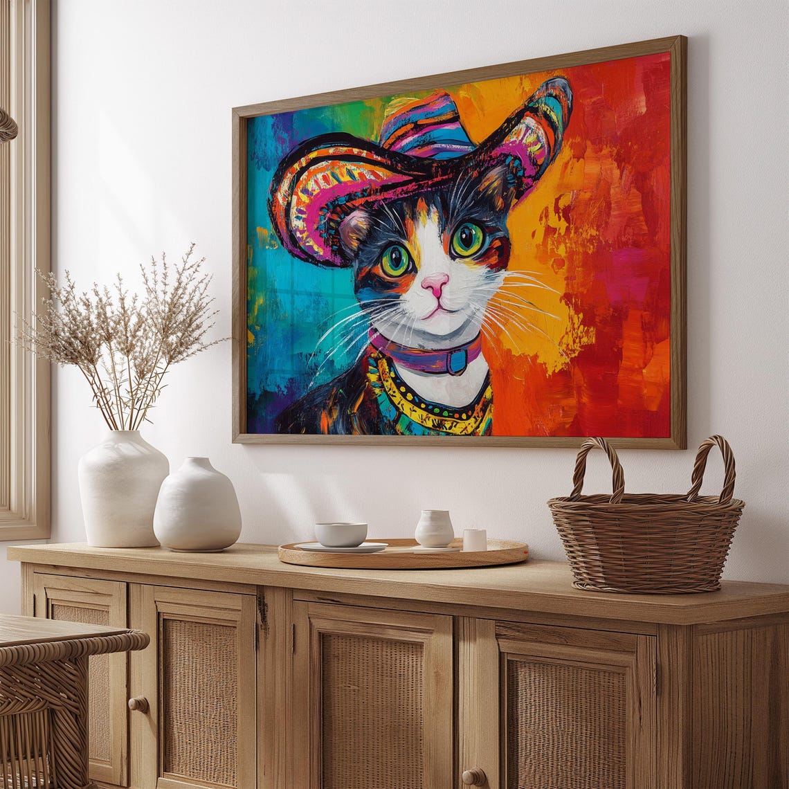 Cat Wearing Colorful Sombrero Fun Mexican Folk Art Portrait Poster