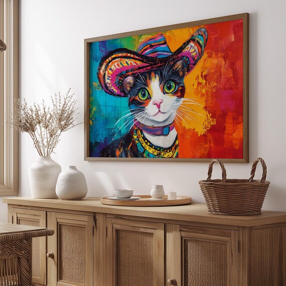 Cat Wearing Colorful Sombrero Fun Mexican Folk Art Portrait Poster