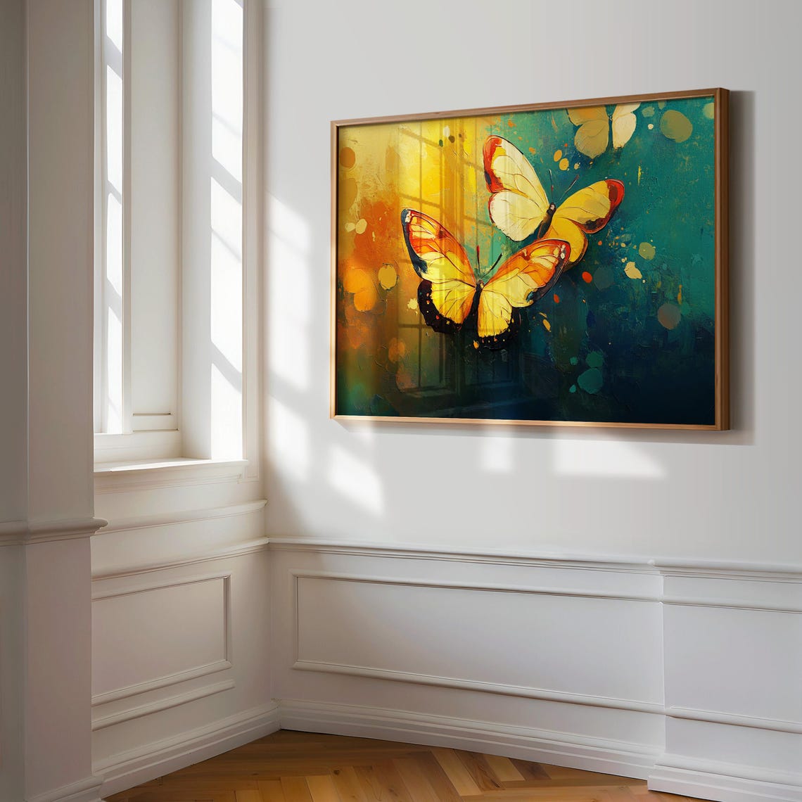 Golden Yellow Butterflies Teal Abstract Background Modern Art Poster - Image 3