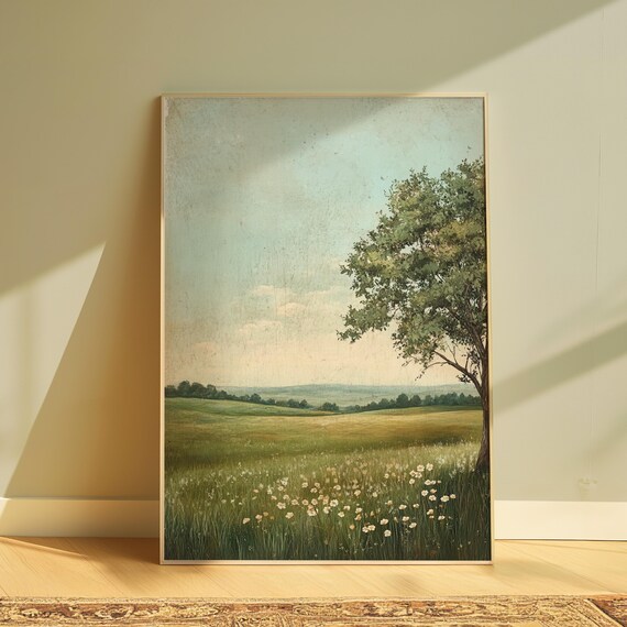 Serene Green Meadow White Wildflowers Lone Tree Vintage Landscape Poster