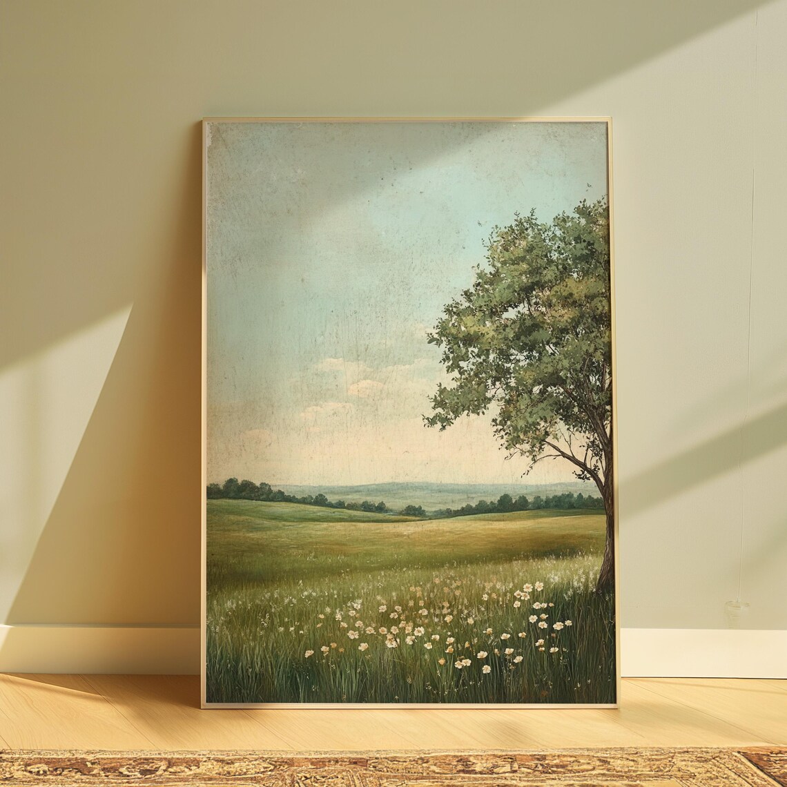 Serene Green Meadow White Wildflowers Lone Tree Vintage Landscape Poster