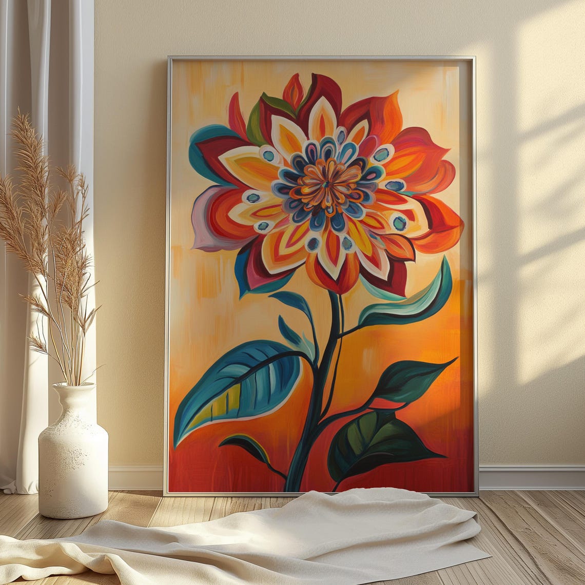 Layered Folk Flower Peacock Eye Center Gold Background Art Poster - Image 4