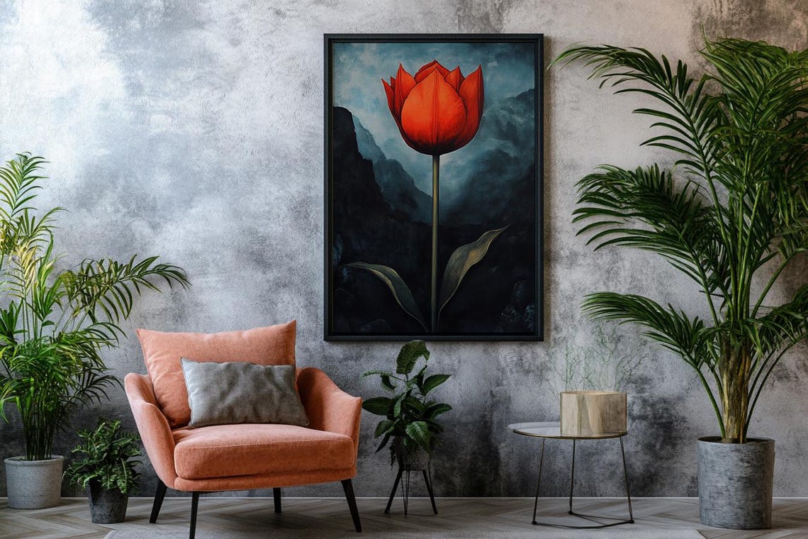 Giant Red Tulip Bloom Moody Dark Mountain Landscape Art Poster - Image 2