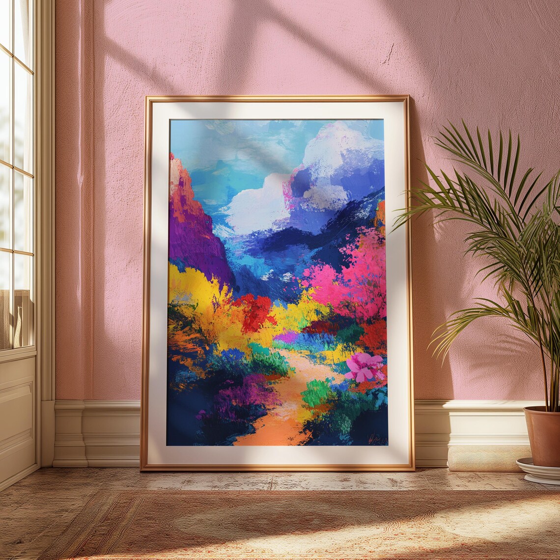 Dramatic Colorful Canyon Purple Cliffs Pink Bushes Cloudy Turquoise Sky Poster - Image 2
