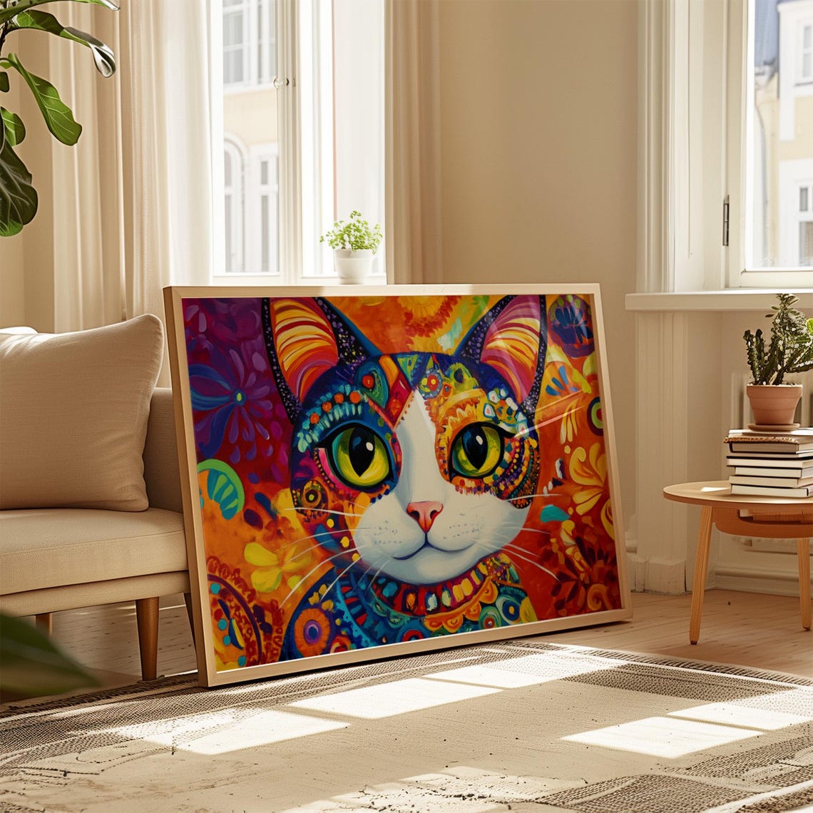 Calico Cat White Face Big Green Eyes Ornate Floral Red Art Cat Poster - Image 4