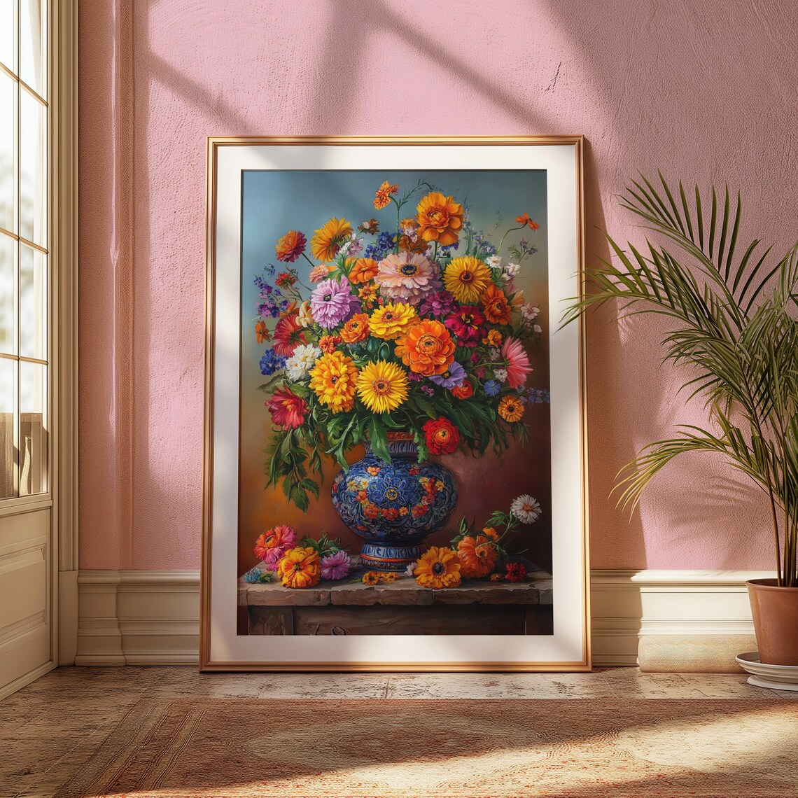Vivid Sunflower Daisy Zinnia Bouquet Blue Mexican Vase Floral Poster - Image 2
