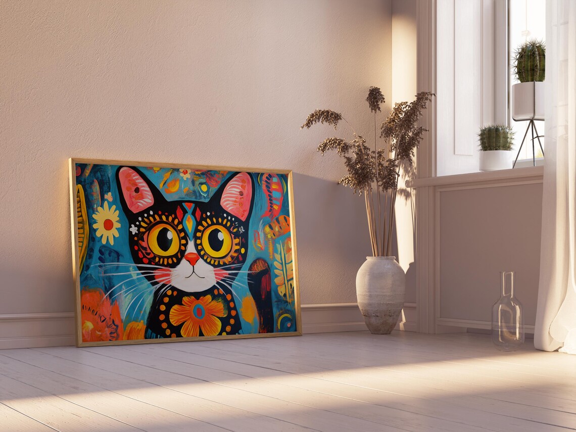 Black Cat Big Yellow Eyes Floral Decorations Blue Orange Folk Art Poster - Image 2