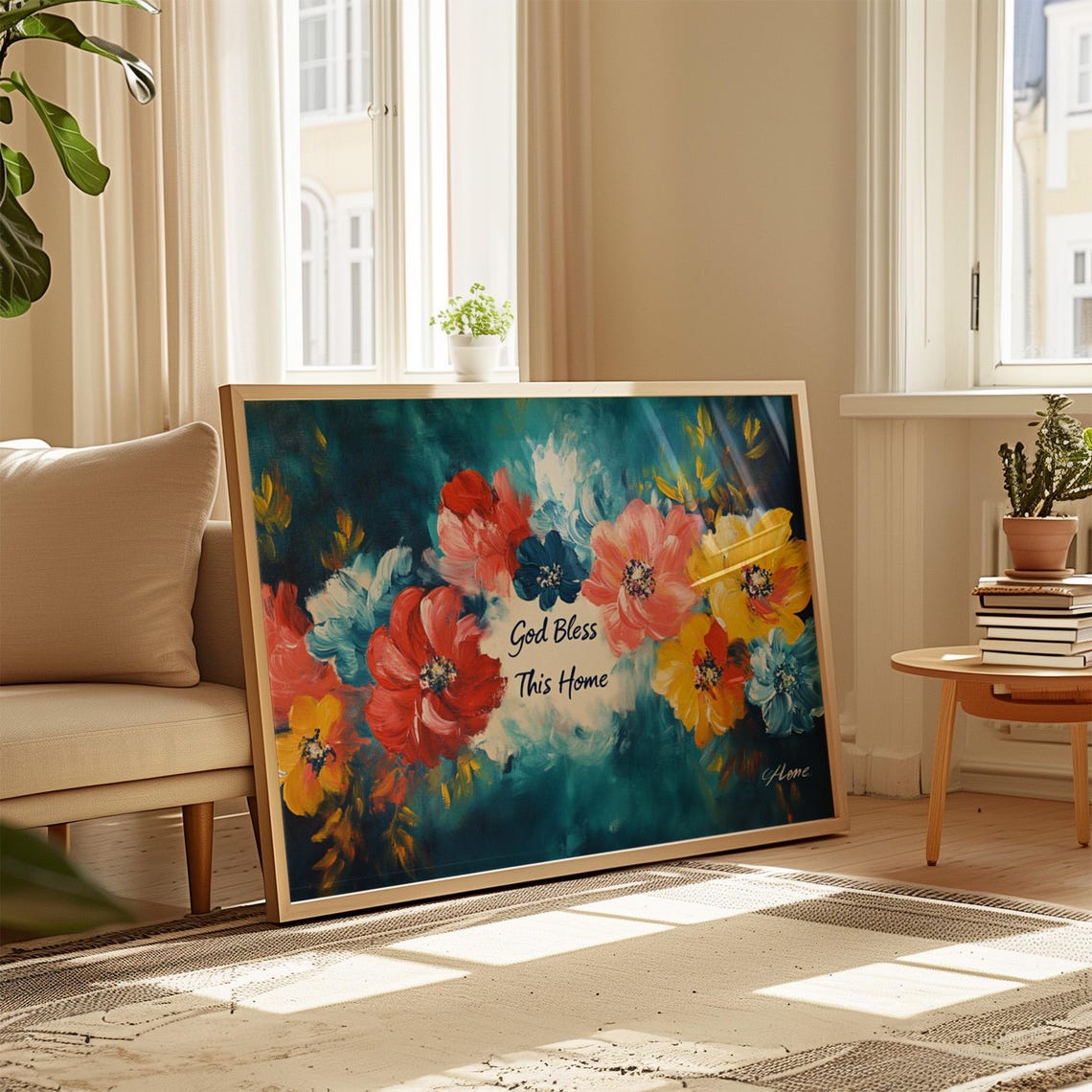 God Bless This Home Red Blossom Deep Teal Floral Quote Poster - Image 4