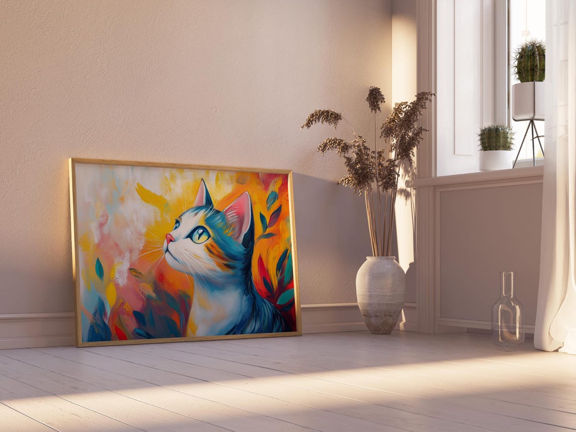 Blue Tabby Cat Looking Up Sunrise Abstract Painterly Dreamy Art Poster - Image 2
