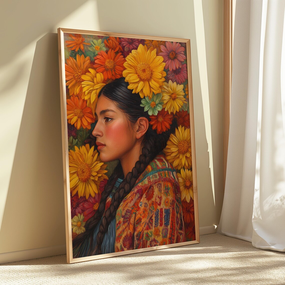Young Woman Braided Hair Profile Marigold Zinnias Embroidered Shawl Poster - Image 4