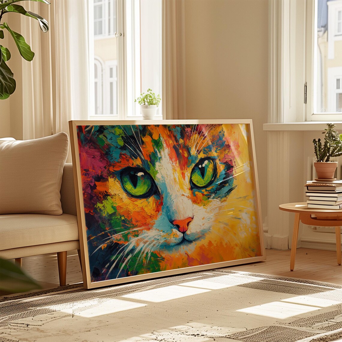Calico Cat Face Thick Impasto Rainbow Brushstrokes Green Eyes Art Poster - Image 4