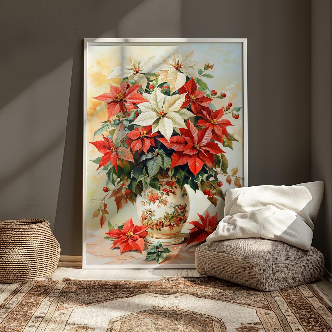 Red White Poinsettia Floral Vase Christmas Still Life Painting Poster - Image 4