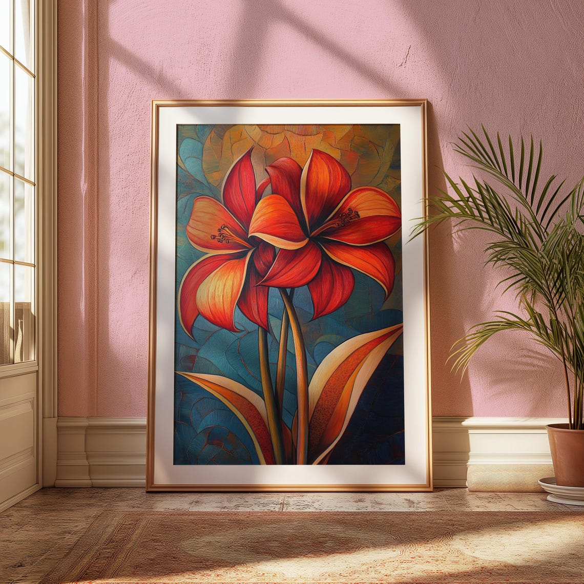 Twin Red Amaryllis Blooms Teal Mosaic Background Floral Poster - Image 2